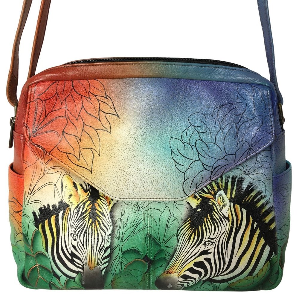 Anuschka NEVER USED Handpainted Leather Crossbody Bag Flap Zebras